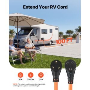 30 amp 100 feet rv extension cord, 125v 2500w, heavy duty 10/3 gauge stw rv power cord, nema tt 30p to nema tt 30r, with power indicator, cord organizer, 15a adapter, for camper travel trailer