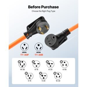 30 amp 100 feet rv extension cord, 125v 2500w, heavy duty 10/3 gauge stw rv power cord, nema tt 30p to nema tt 30r, with power indicator, cord organizer, 15a adapter, for camper travel trailer