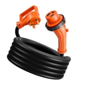 30 Amp 25 Feet RV Power Cord, 125V 3750W, Heavy Duty 10/3 Gauge STW Generator Cord, NEMA TT-30P to NEMA L5-30R, with Twist Lock, Indicator Light, Grip Handle, 15A Adapter, for RV Trailer, Black