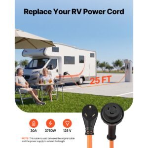 30 amp 25 feet rv power cord, 125v 3750w, heavy duty 10/3 gauge stw generator cord, nema tt 30p to nema l5 30r, with twist lock, indicator light, grip handle, 15a adapter, for rv trailer, orange