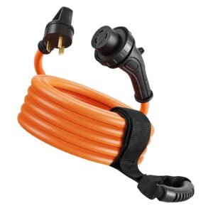 30 Amp 25 Feet RV Power Cord, 125V 3750W, Heavy Duty 10/3 Gauge STW Generator Cord, NEMA TT-30P to NEMA L5-30R, with Twist Lock, Indicator Light, Grip Handle, 15A Adapter, for RV Trailer, Orange