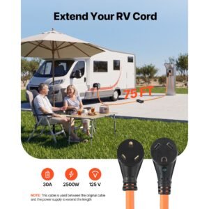 30 amp 75 feet rv extension cord, 125v 2500w, heavy duty 10/3 gauge stw rv power cord, nema tt 30p to nema tt 30r, with power indicator, cord organizer, 15a adapter, for camper travel trailer
