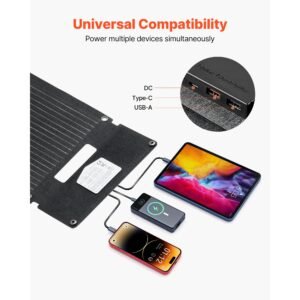 30w foldable solar panel charger, 16bb n type monocrystalline solar panel 24% efficiency, ultra light portable with usb a, usb a (qc3.0) & type c ports for camping, backpacking, phones, tablets