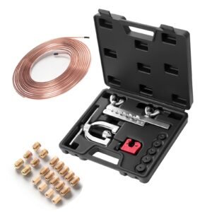 3/16" Brake Line Repair Kit, 45° Double & Single Brake Line Flaring Tool Kit, 25FT Copper Coated Brake Line (with 16 Fittings & 4 Unions) - Tube Cutter, 5 Adapters and Toolbox Included