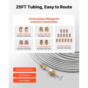3/16" brake line repair kit, 45° single brake line flaring tool kit, 25ft copper coated brake line with 20 fittings & 2 unions, 3 in 1 tube bender (1/4", 5/16", 3/8"), tube cutter included