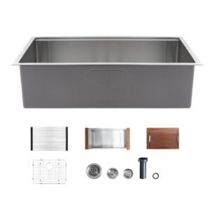 33-inch Kitchen Undermount Single Bowl Sinks, Stainless Steel Drop-In Farmhouse Basin with Ledge & Accessories, Household Dishwasher Sinks for RV, Prep Kitchen, Laundry Room, Bar