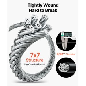 3/32 inch wire rope kit, 165 ft length, 304 stainless steel wire cable, 450 lbs breaking strength, 7 x 7 strands construction, steel cable for deck railing system, garden trellis, string lights