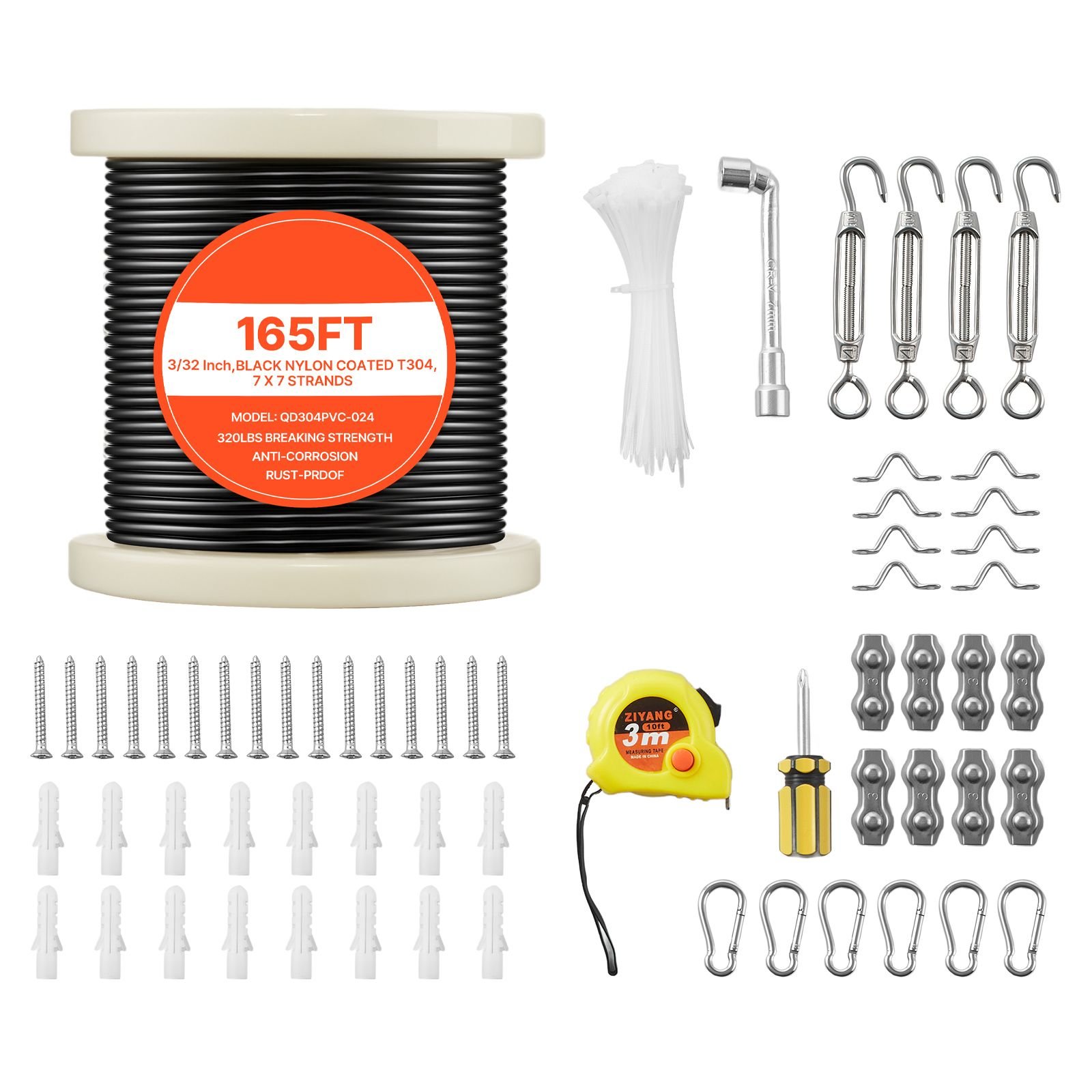3/32 inch wire rope kit, 165 ft length, 304 stainless steel wire cable, 450 lbs breaking strength, 7 x 7 strands construction, steel cable for deck railing system, garden trellis, string lights