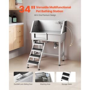 34" dog washing station, stainless steel pet grooming tub bathtub, professional dog wash sink with shower, faucet, soap holder, non slip stairs easy clean design for small pets cats (left door)