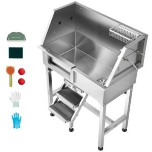34" Dog Washing Station, Stainless Steel Pet Grooming Tub Bathtub, Professional Dog Wash Sink with Shower, Faucet, Soap Holder, Non-Slip Stairs Easy-Clean Design for Small Pets Cats (Left Door)