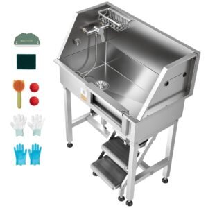 34" Dog Washing Station, Stainless Steel Pet Grooming Tub Bathtub, Professional Dog Wash Sink with Shower, Faucet, Soap Holder, Non-Slip Stairs Easy-Clean Design for Small Pets Cats (Right Door)