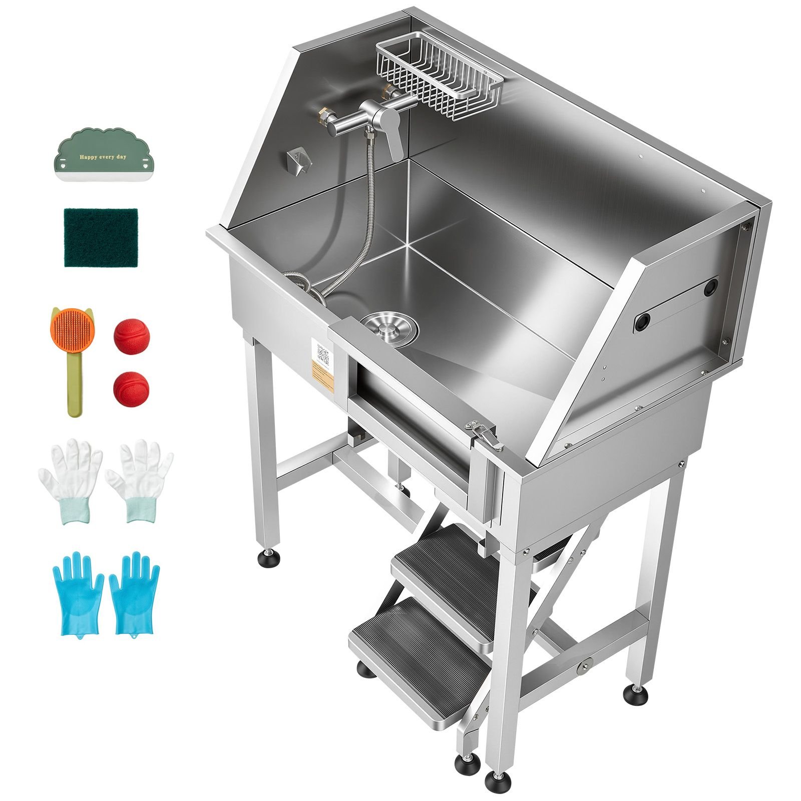 34" dog washing station, stainless steel pet grooming tub bathtub, professional dog wash sink with shower, faucet, soap holder, non slip stairs easy clean design for small pets cats (right door)