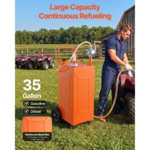 35 gallon fuel gas caddy, carbon steel, portable fuel transfer storage tank with manual pump & 4 wheels, gasoline diesel can container, for cars, lawn mowers, atvs, boats, motorcycles, orange