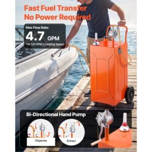 35 gallon fuel gas caddy, carbon steel, portable fuel transfer storage tank with manual pump & 4 wheels, gasoline diesel can container, for cars, lawn mowers, atvs, boats, motorcycles, orange