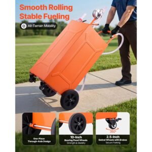 35 gallon fuel gas caddy, carbon steel, portable fuel transfer storage tank with manual pump & 4 wheels, gasoline diesel can container, for cars, lawn mowers, atvs, boats, motorcycles, orange