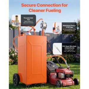 35 gallon fuel gas caddy, carbon steel, portable fuel transfer storage tank with manual pump & 4 wheels, gasoline diesel can container, for cars, lawn mowers, atvs, boats, motorcycles, orange
