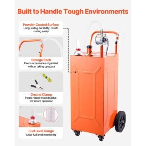 35 gallon fuel gas caddy, carbon steel, portable fuel transfer storage tank with manual pump & 4 wheels, gasoline diesel can container, for cars, lawn mowers, atvs, boats, motorcycles, orange