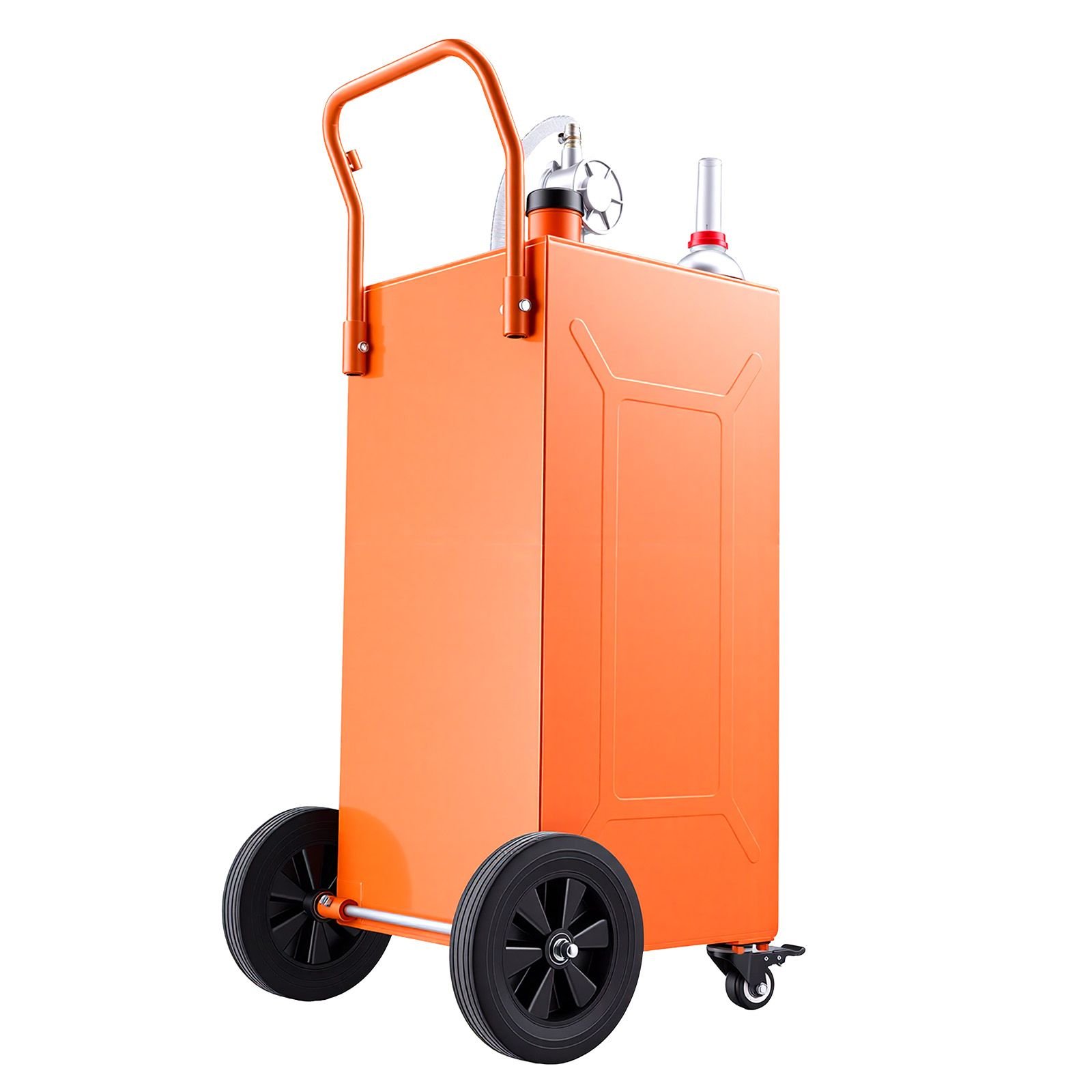 35 gallon fuel gas caddy, carbon steel, portable fuel transfer storage tank with manual pump & 4 wheels, gasoline diesel can container, for cars, lawn mowers, atvs, boats, motorcycles, orange