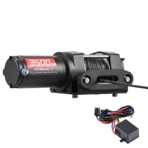 3500 lbs Electric Winch, 12V DC ATV/UTV Winch with Φ0.21 in x 32.8 ft Synthetic Rope & Wired Remote Control, IP55 Waterproof, Aluminum Housing Fairlead Mount Plate for Towing ATV, Black