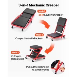 36 in 3 in 1 folding mechanic creeper, z creeper garage roller, 340 lbs under car rolling creeper with 6 swivel casters, padded headrest, lay down or sit for auto repair