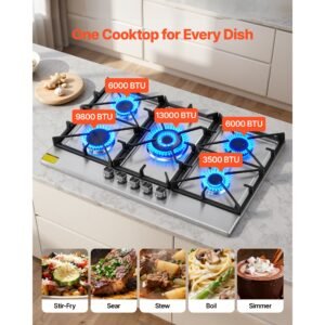 36 inch gas cooktop 5 burners gas stove top, max 38300btu built in stainless steel stove top lpg/ng convertible dual fuel cooktop stoves with sabaf dual ring burner for kitchen apartment rvs