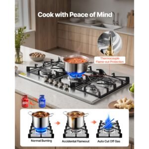 36 inch gas cooktop 5 burners gas stove top, max 38300btu built in stainless steel stove top lpg/ng convertible dual fuel cooktop stoves with sabaf dual ring burner for kitchen apartment rvs