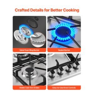 36 inch gas cooktop 5 burners gas stove top, max 38300btu built in stainless steel stove top lpg/ng convertible dual fuel cooktop stoves with sabaf dual ring burner for kitchen apartment rvs
