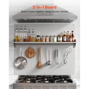 36" x 30" stainless steel backsplash for stove, ultra flat splatter guard with storage shelf & hanging rack, wall shield range hood panel, easy clean, pre drilled holes for easy installation