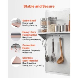 36" x 30" stainless steel backsplash for stove, ultra flat splatter guard with storage shelf & hanging rack, wall shield range hood panel, easy clean, pre drilled holes for easy installation