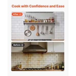 36" x 30" stainless steel backsplash for stove, ultra flat splatter guard with storage shelf & hanging rack, wall shield range hood panel, easy clean, pre drilled holes for easy installation