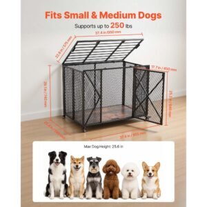 38 inch heavy duty dog crate, max load 250 lbs, foldable indestructible escape proof dog kennel indoor for high anxiety small & medium breeds, steel pet cage with double doors & lockable wheels