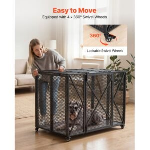 38 inch heavy duty dog crate, max load 250 lbs, foldable indestructible escape proof dog kennel indoor for high anxiety small & medium breeds, steel pet cage with double doors & lockable wheels