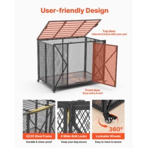 38 inch heavy duty dog crate, max load 250 lbs, foldable indestructible escape proof dog kennel indoor for high anxiety small & medium breeds, steel pet cage with double doors & lockable wheels