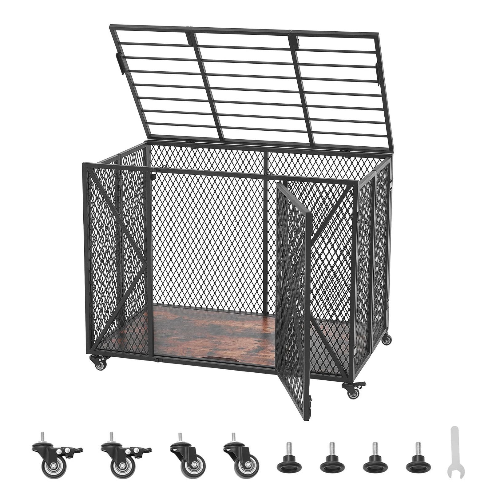 38 inch heavy duty dog crate, max load 250 lbs, foldable indestructible escape proof dog kennel indoor for high anxiety small & medium breeds, steel pet cage with double doors & lockable wheels