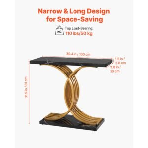 39 in gold console table, modern desk behind the couch, wood rectangle entrance desk, narrow long sofa table accent stand with metal legs for hallway, bedroom, living room, foyer, easy assembly