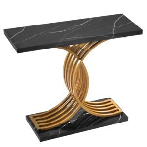 39 in Gold Console Table, Modern Desk Behind the Couch, Wood Rectangle Entrance Desk, Narrow Long Sofa Table Accent Stand with Metal Legs for Hallway, Bedroom, Living Room, Foyer, Easy Assembly