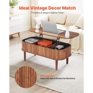 39.4 in lift top coffee table, fluted oval coffee table with 3 hidden compartment, mid century wooden oval center desk with storage, lift up tabletop for home & office, easy assembly, walnut