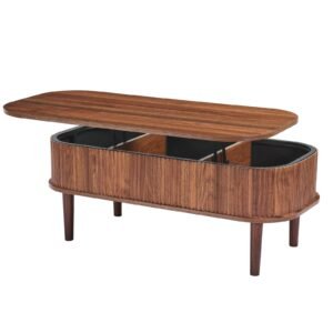 39.4 in Lift Top Coffee Table, Fluted Oval Coffee Table with 3 Hidden Compartment, Mid Century Wooden Oval Center Desk with Storage, Lift Up Tabletop for Home & Office, Easy Assembly, Walnut