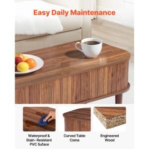 39.4 in lift top coffee table, fluted oval coffee table with 3 hidden compartment, mid century wooden oval center desk with storage, lift up tabletop for home & office, easy assembly, walnut