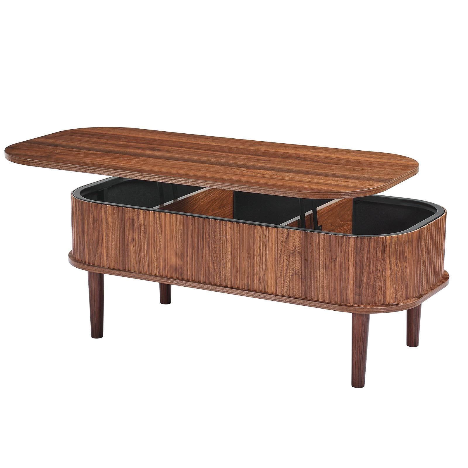 39.4 in lift top coffee table, fluted oval coffee table with 3 hidden compartment, mid century wooden oval center desk with storage, lift up tabletop for home & office, easy assembly, walnut