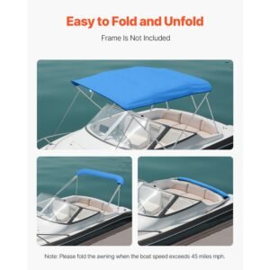 4 bow bimini top replacement cover, 8 ft long, durable 600d marine grade waterproof sun shade boat canopy with storage boot, easy install zipper sleeve awning, 96"l x (91" 96")w, blue (no frame)