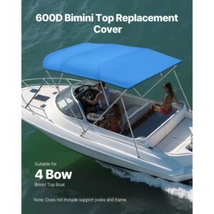 4 bow bimini top replacement cover, 8 ft long durable 600d marine grade waterproof sun shade boat canopy with storage boot, easy install zipper sleeve awning, 96"l x (97" 103")w, blue (no frame)