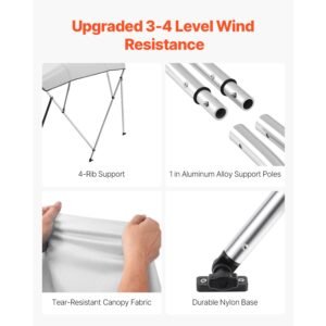 4 bow boat bimini tops, 600d polyester canopy with aluminum alloy frame, waterproof & sun shade boat awning canopy with storage bag, 2 support poles, 4 straps, 96"lx(67" 72")wx54"h, light grey