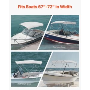 4 bow boat bimini tops, 600d polyester canopy with aluminum alloy frame, waterproof & sun shade boat awning canopy with storage bag, 2 support poles, 4 straps, 96"lx(67" 72")wx54"h, light grey