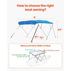 4 bow boat bimini tops, 600d polyester canopy with aluminum alloy frame, waterproof & sun shade boat awning canopy with storage bag, 2 support poles, 4 straps, 96"lx(67" 72")wx54"h, pacific blue