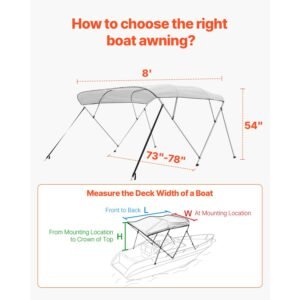 4 bow boat bimini tops, 600d polyester canopy with aluminum alloy frame, waterproof & sun shade boat awning canopy with storage bag, 2 support poles, 4 straps, 96"lx(73" 78")wx54"h, light grey