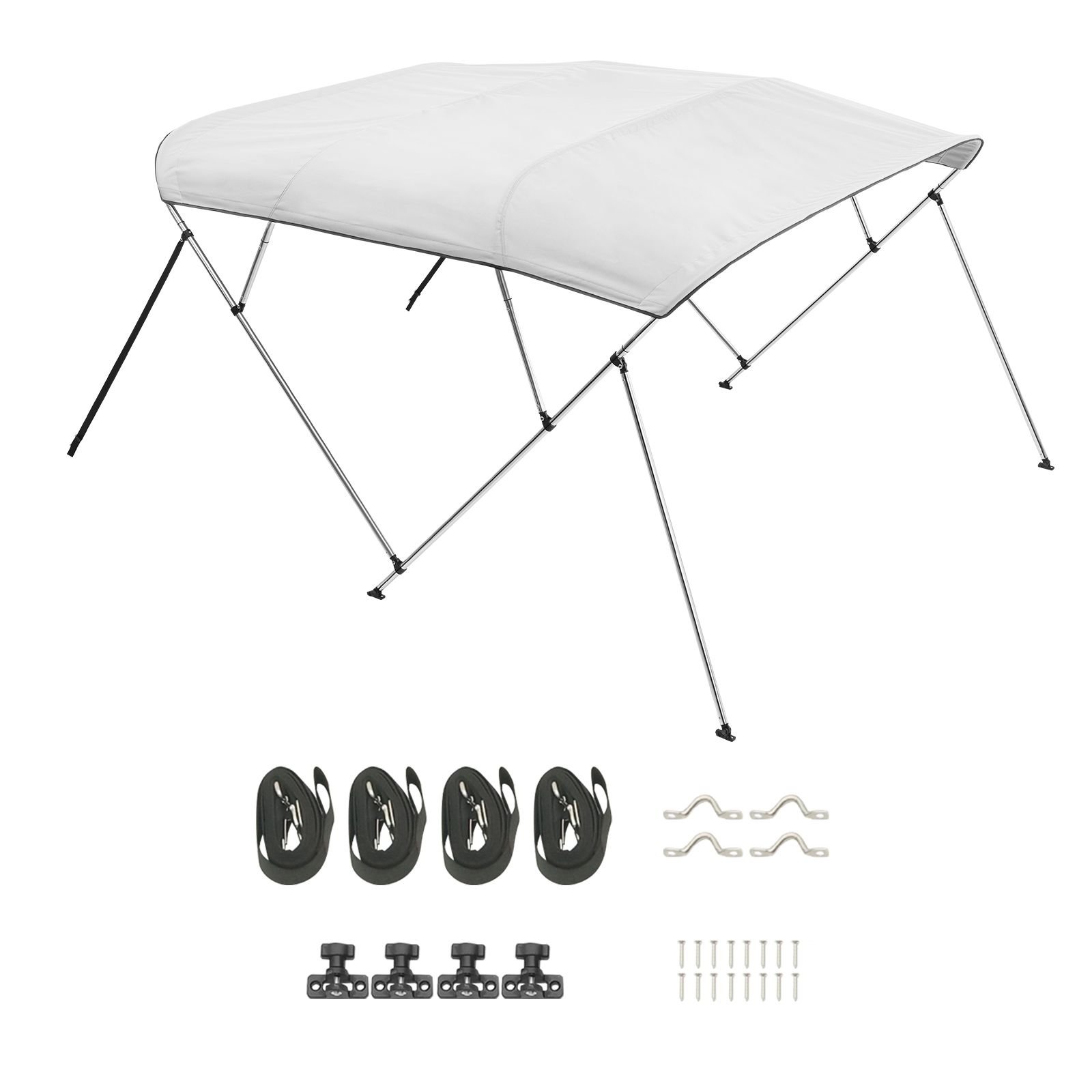 4 bow boat bimini tops, 600d polyester canopy with aluminum alloy frame, waterproof & sun shade boat awning canopy with storage bag, 2 support poles, 4 straps, 96"lx(73" 78")wx54"h, light grey