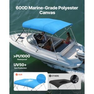 4 bow boat bimini tops, 600d polyester canopy with aluminum alloy frame, waterproof & sun shade boat awning canopy with storage bag, 2 support poles, 4 straps, 96"lx(73" 78")wx54"h, pacific blue