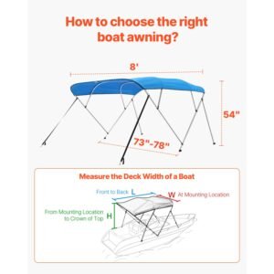 4 bow boat bimini tops, 600d polyester canopy with aluminum alloy frame, waterproof & sun shade boat awning canopy with storage bag, 2 support poles, 4 straps, 96"lx(73" 78")wx54"h, pacific blue