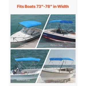 4 bow boat bimini tops, 600d polyester canopy with aluminum alloy frame, waterproof & sun shade boat awning canopy with storage bag, 2 support poles, 4 straps, 96"lx(73" 78")wx54"h, pacific blue